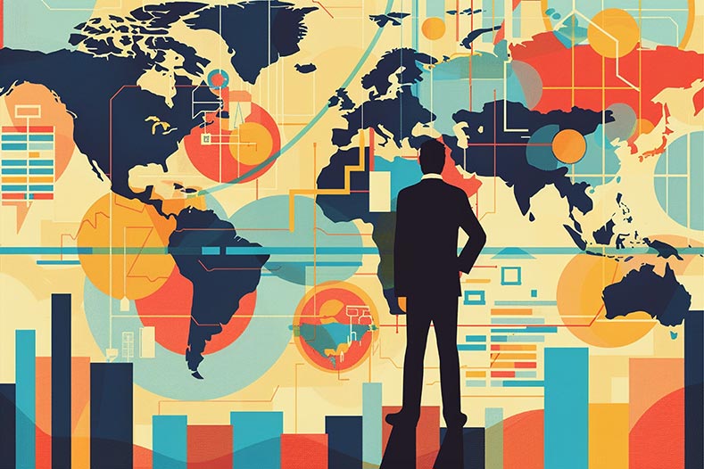 Illustration of a man looking at a geopolitical world map