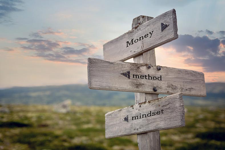 Signpost pointing to 'money', method' and 'mindset'