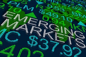 Collage of stock market tickers showing emerging markets