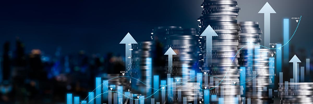 Photomontage - stacks of coins, bar charts and line graphs tracking up, arrows pointing upwards