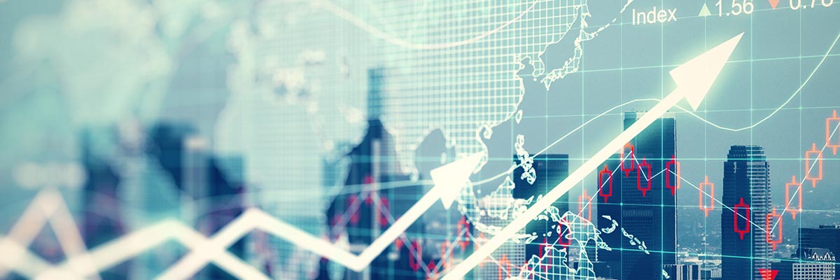 Arrows on a graph superimposed over a map of the world and a cityscape